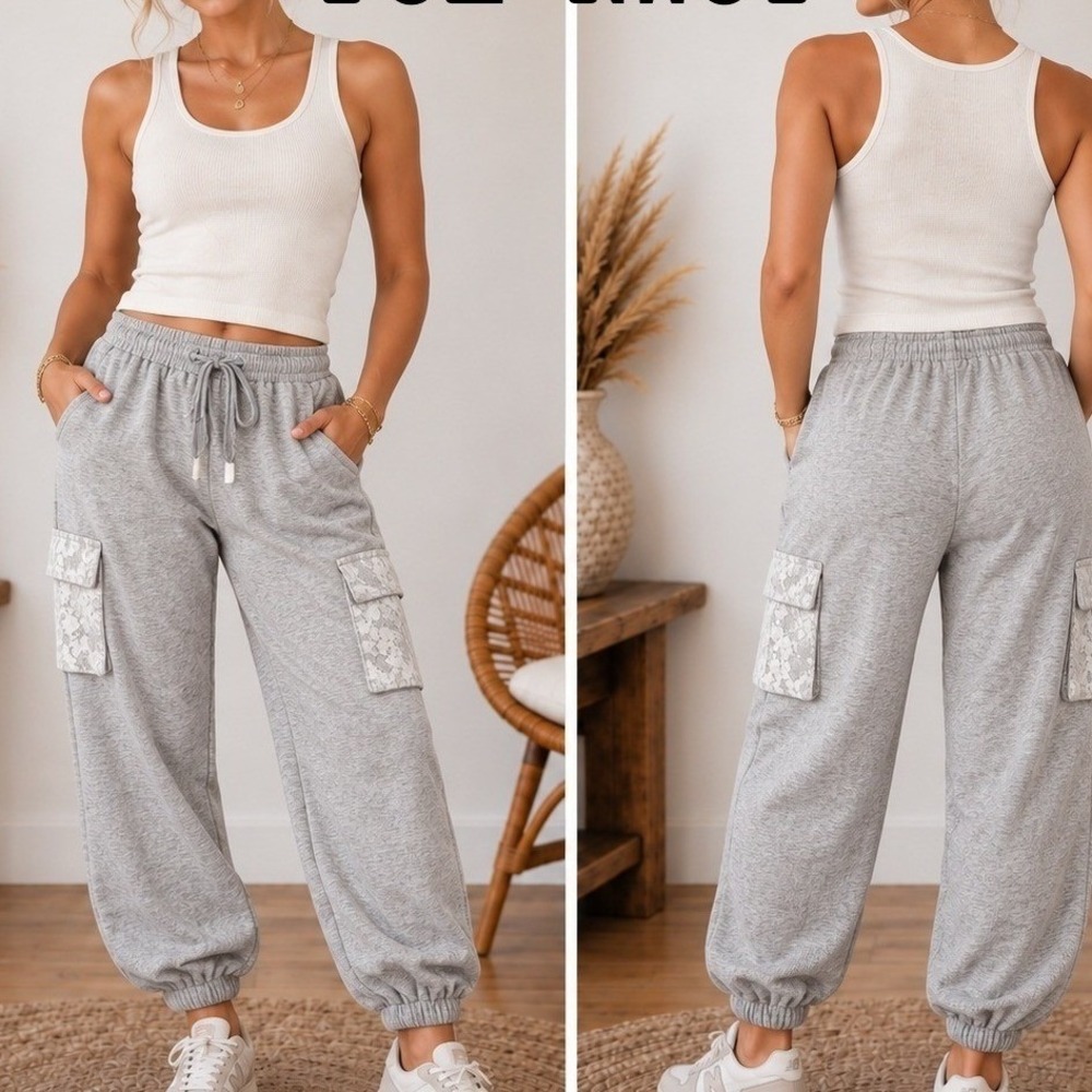 POL Cargo Jogger Pants Womens Lrg Gray Waffle Knit Lace Crochet Pocket Trim Boho